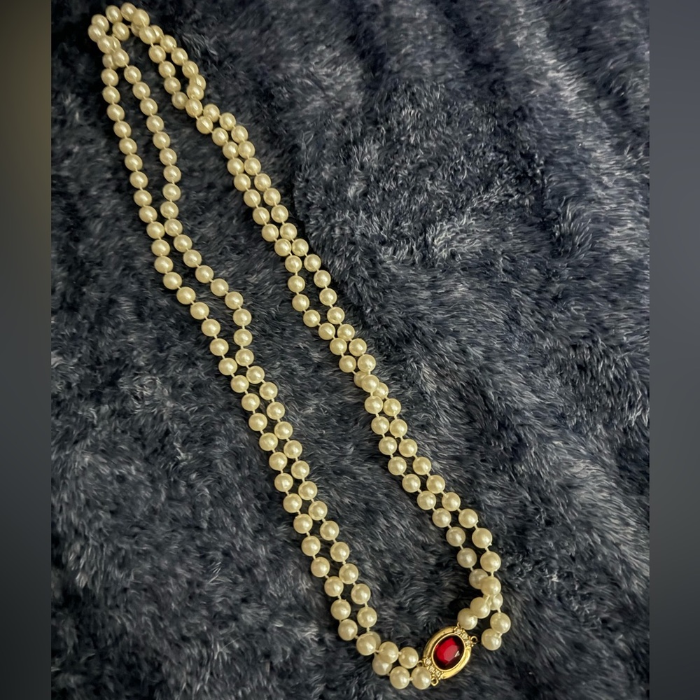 Beautiful Custom Pearl Necklace with a Ruby Stone.